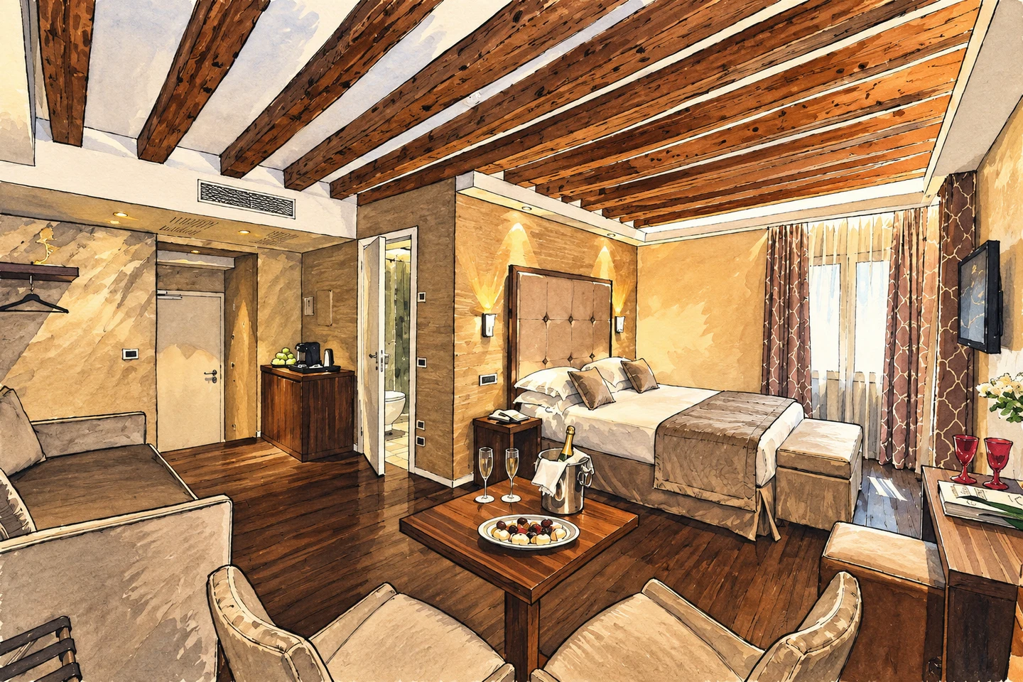 Ilustração — quarto com vigas aparentes no Rosa Salva Hotel Ilustração — quarto com vigas aparentes no Rosa Salva Hotel